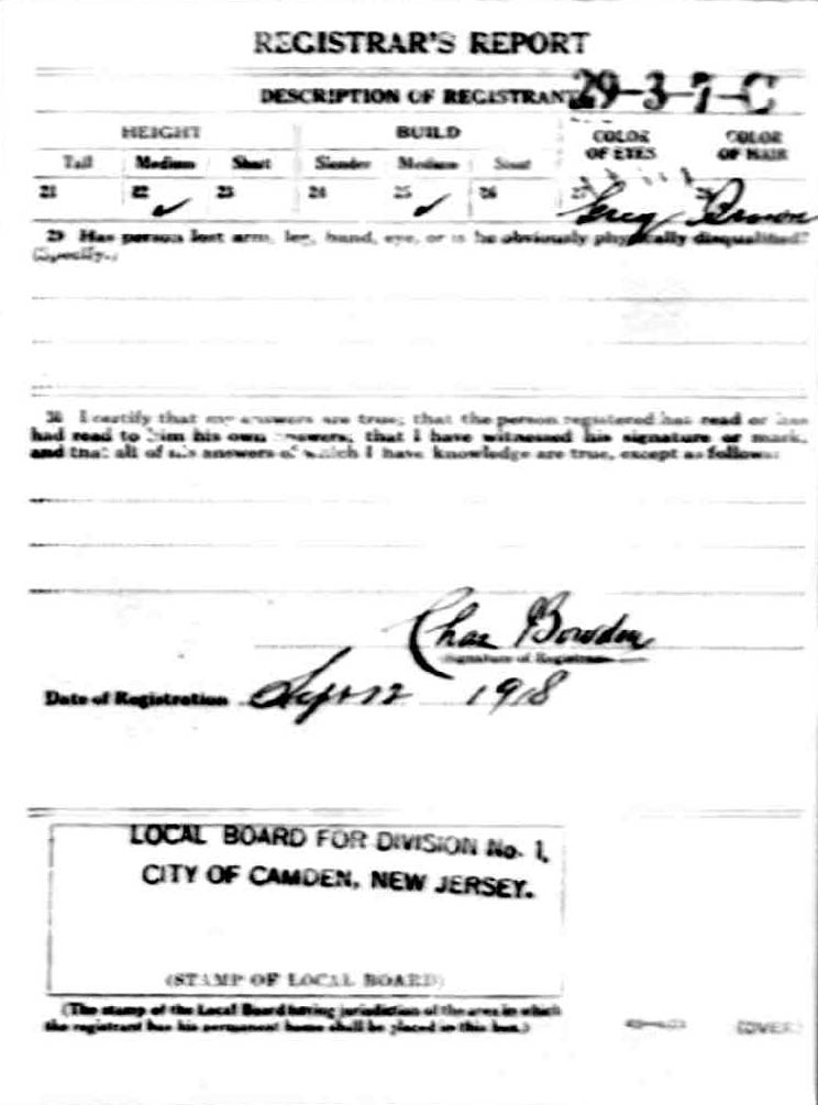World War I draft registration card (back — Registrar's Report) for Joseph Delaware Wenzelle