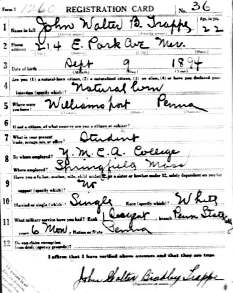 World War I Draft Registration Card for John Walter Bradley Trappe, 1917
