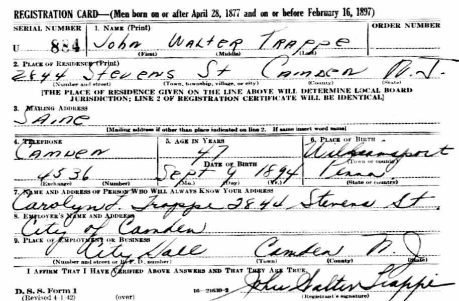 World War II Draft Registration Card for John Walter Trappe, 1942