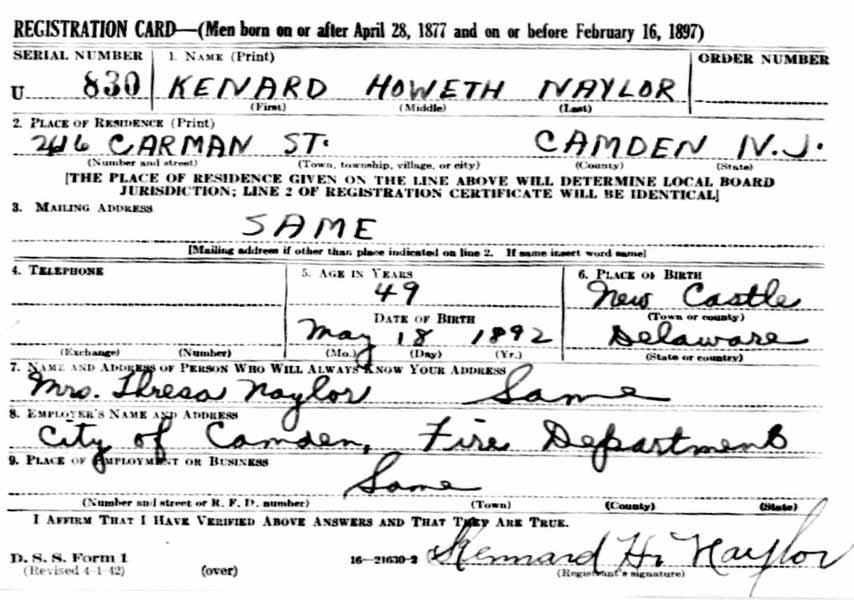 World War II Draft Registration Card for Kennard H. Naylor
