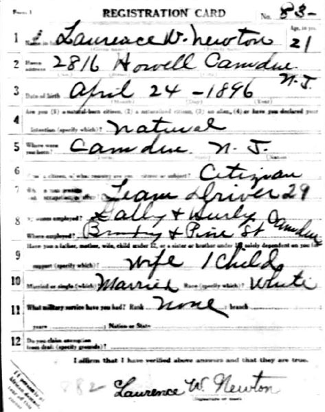 Laurence W. Newton WWI draft card, front