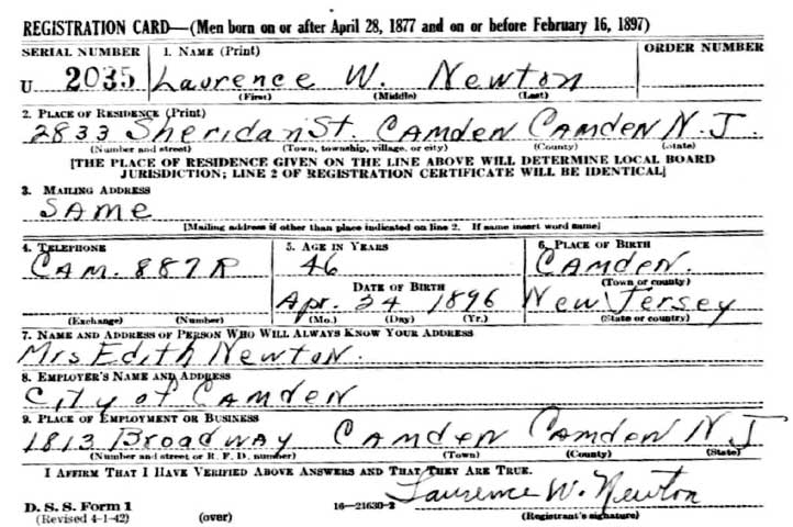 Laurence W. Newton WWII draft card
