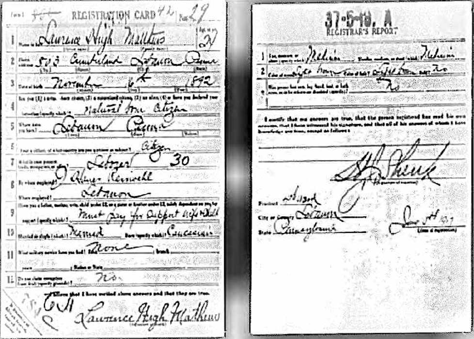 Lawrence H. Mathews WWI draft card