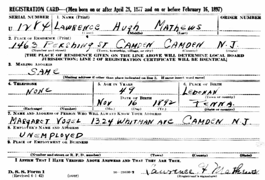Lawrence H. Mathews WWII draft card