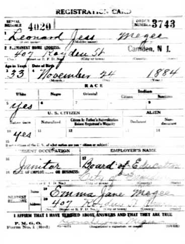 Leonard J. Megee World War I Draft Registration Card, front