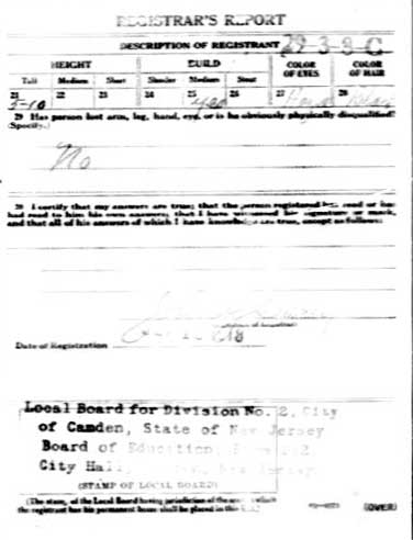 Leonard J. Megee World War I Draft Registration Card, Registrar's Report
