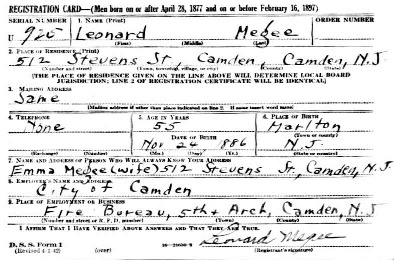 Leonard Megee World War II Draft Registration Card, 1942
