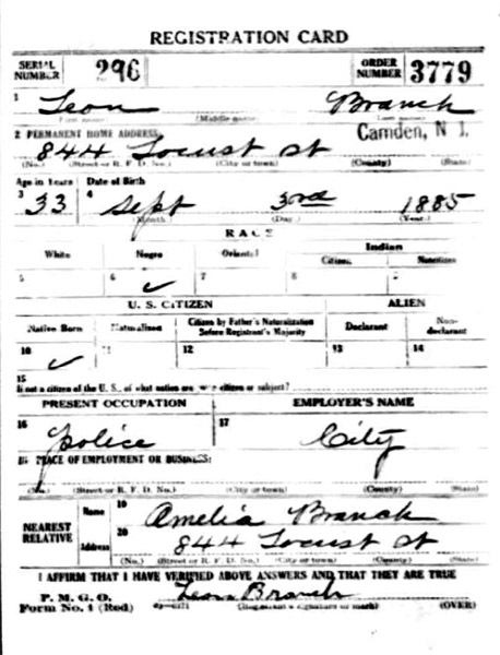 Leon Branch WWI Draft Registration Card front