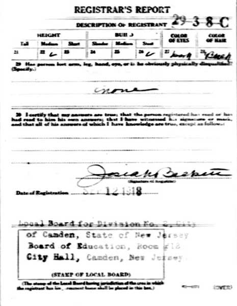 Leon Branch WWI Draft Registration Card back