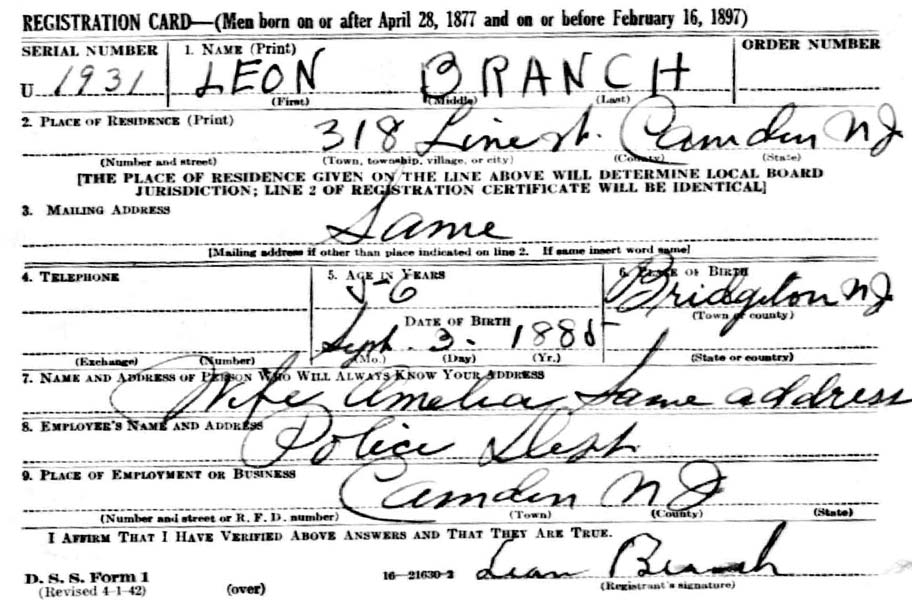 Leon Branch World War II Draft Registration Card