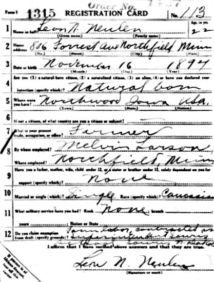 Leon N. Neulen WWI draft card front