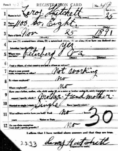 World War I Draft Registration Card — Front — Leroy Hatchett
