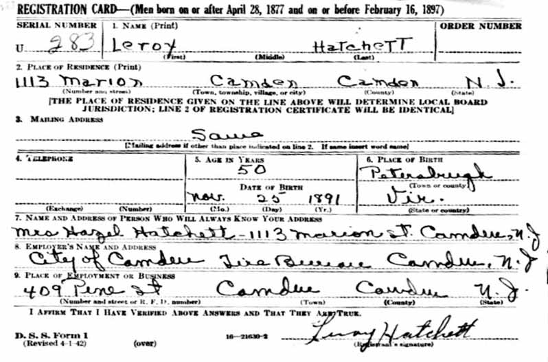 World War II Draft Registration Card — Leroy Hatchett, 1942