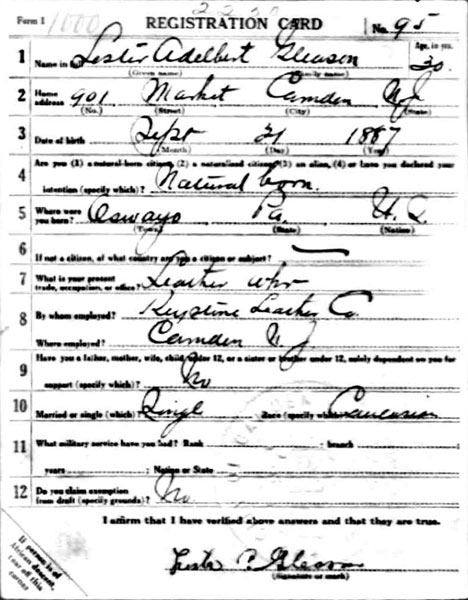 WWI draft registration card front for Lester Adelbert Gleason, June 1, 1917