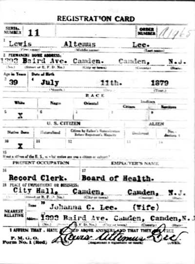 World War I Draft Registration Card — Lewis Altemus Lee, front