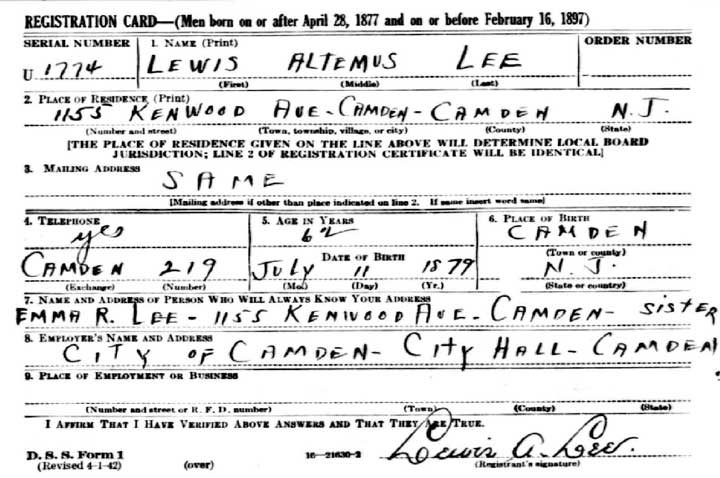 World War II Draft Registration Card — Lewis Altemus Lee