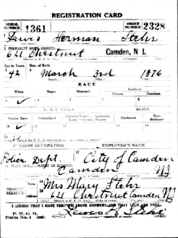 Lewis H. Stehr Jr. World War I Draft Card, front