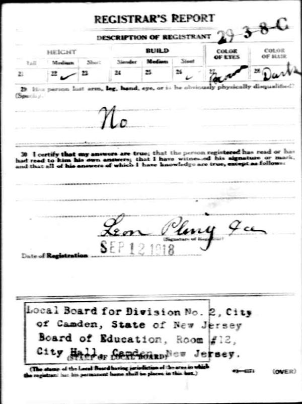 Lewis H. Stehr Jr. World War I Draft Card, back