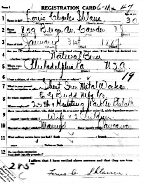 WWI draft registration card for Louis C. Schlam, front
