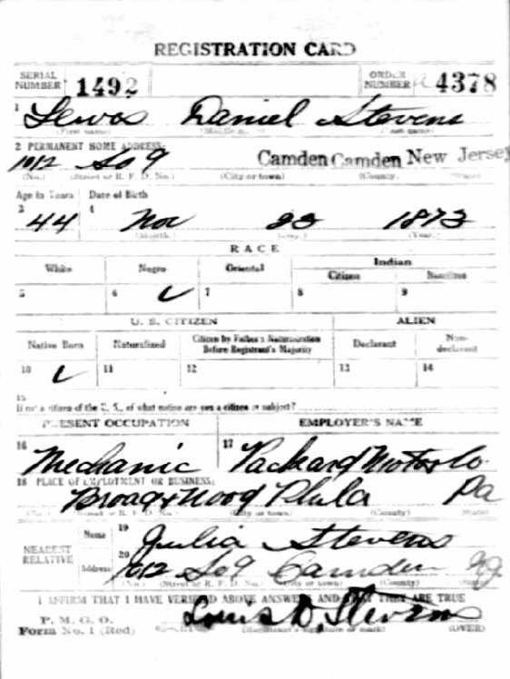 WWI draft registration card front for Lewis Daniel Stevens, September 12, 1918