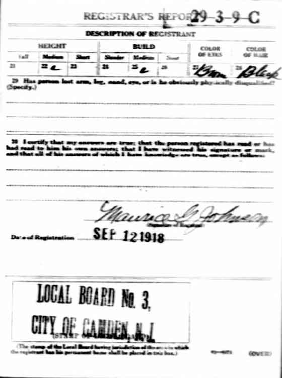 WWI draft registration card back — Registrar's Report for Lewis Daniel Stevens