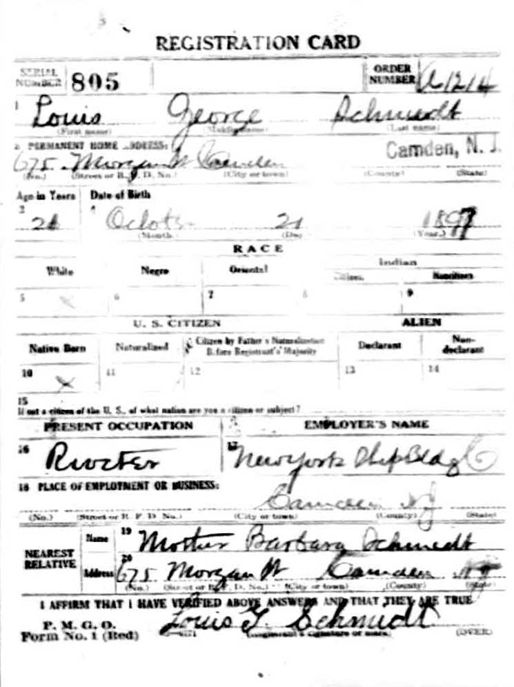 WWI draft registration card front for Louis George Schmidt, September 12, 1918