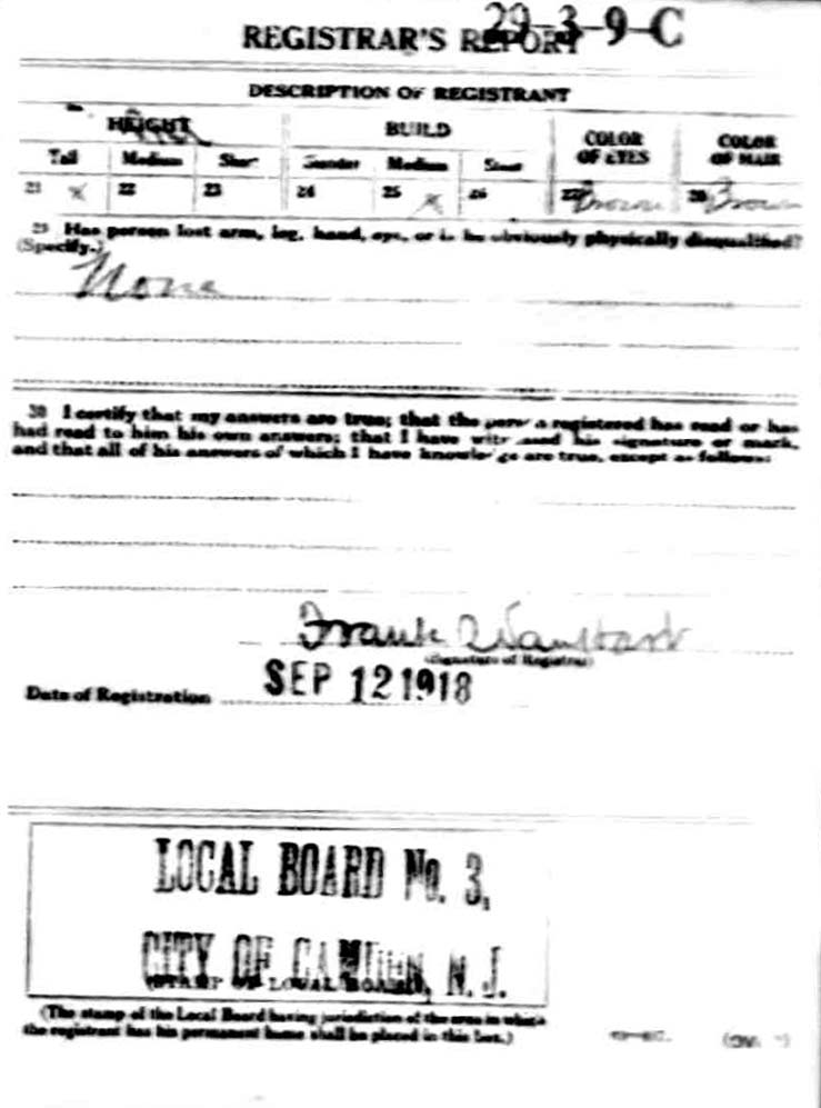 WWI draft registration card back — Registrar's Report for Louis George Schmidt