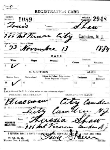 Louis Shaw World War I draft card front