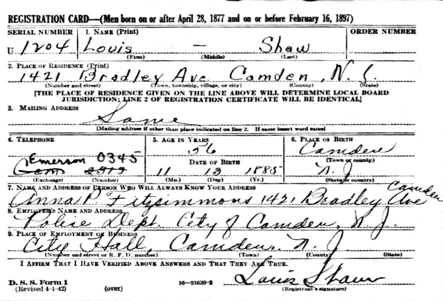 Louis Shaw World War II draft card