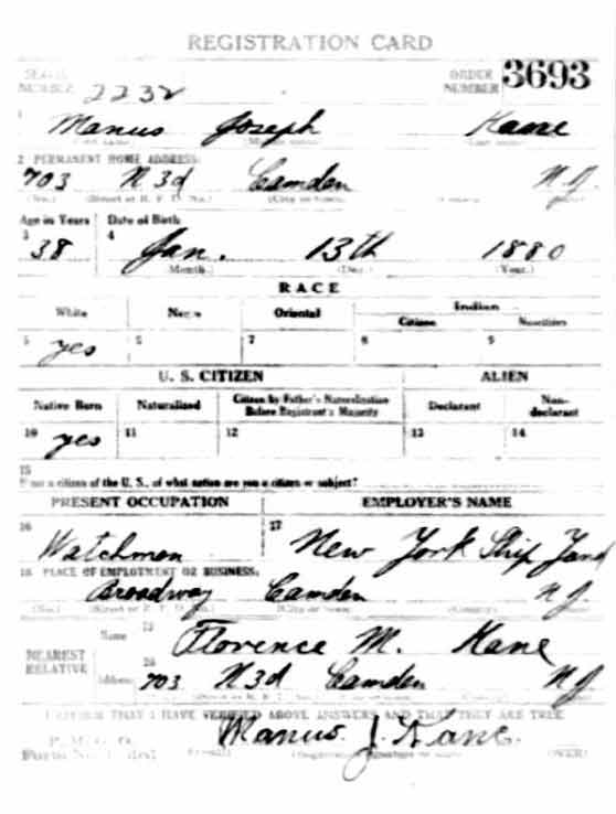 World War I draft registration card for Manus Joseph Kane, September 1918