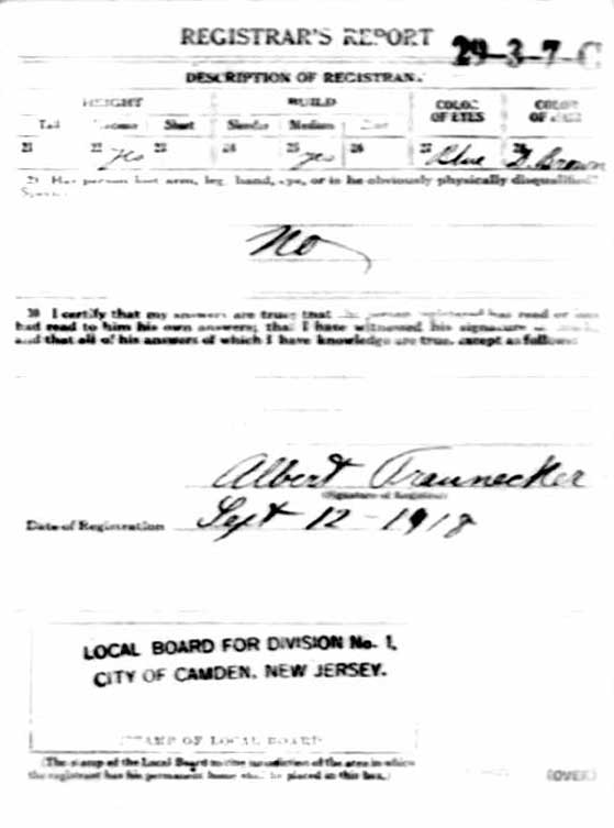 World War I draft registration card for Manus Joseph Kane — registrar's report