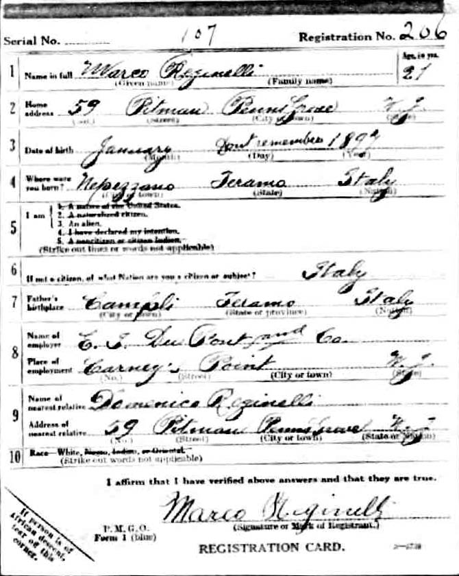 Marco Reginelli World War 1 Draft Card