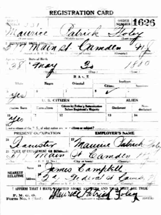 World War I Draft Card — Maurice Patrick Foley, front