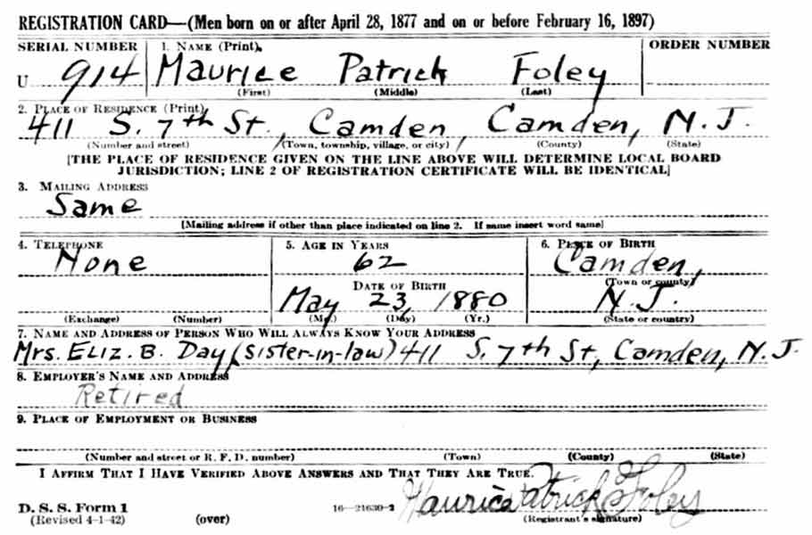 World War II Draft Card — Maurice Patrick Foley