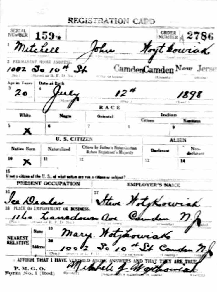 World War I Draft Registration Card for Mitchell Wojtkowiak, front
