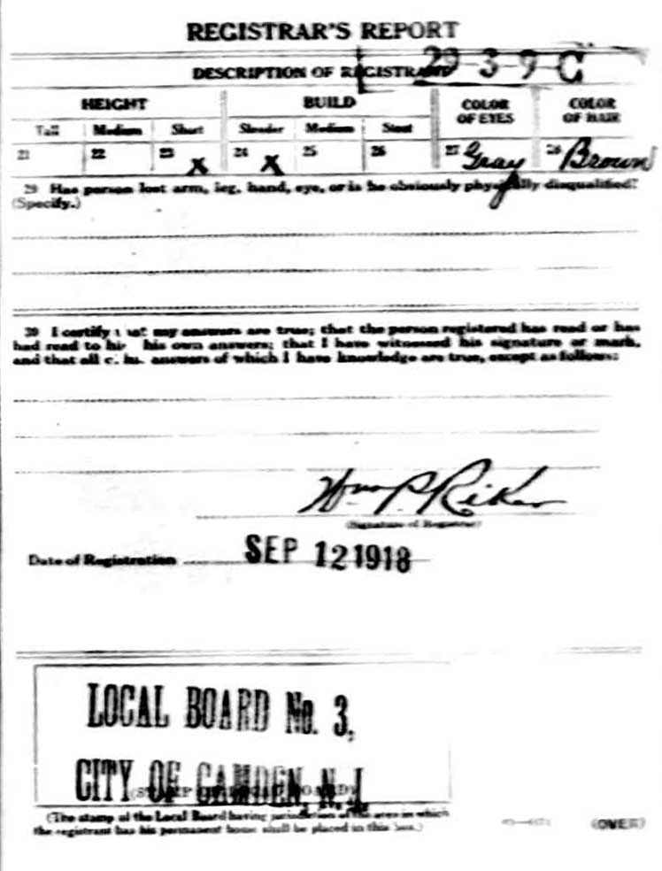 World War I Draft Registration Card for Mitchell Wojtkowiak, reverse