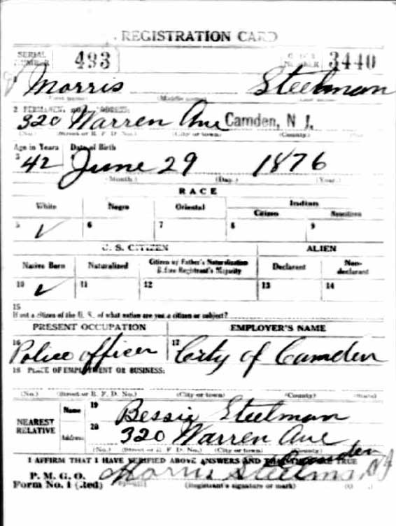 Morris Steelman WWI draft registration card, front