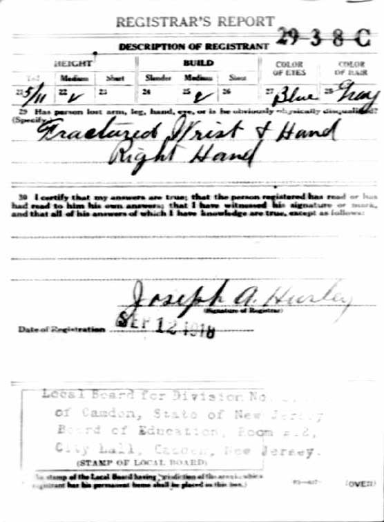 Morris Steelman WWI draft registration card, back — fractured wrist and hand