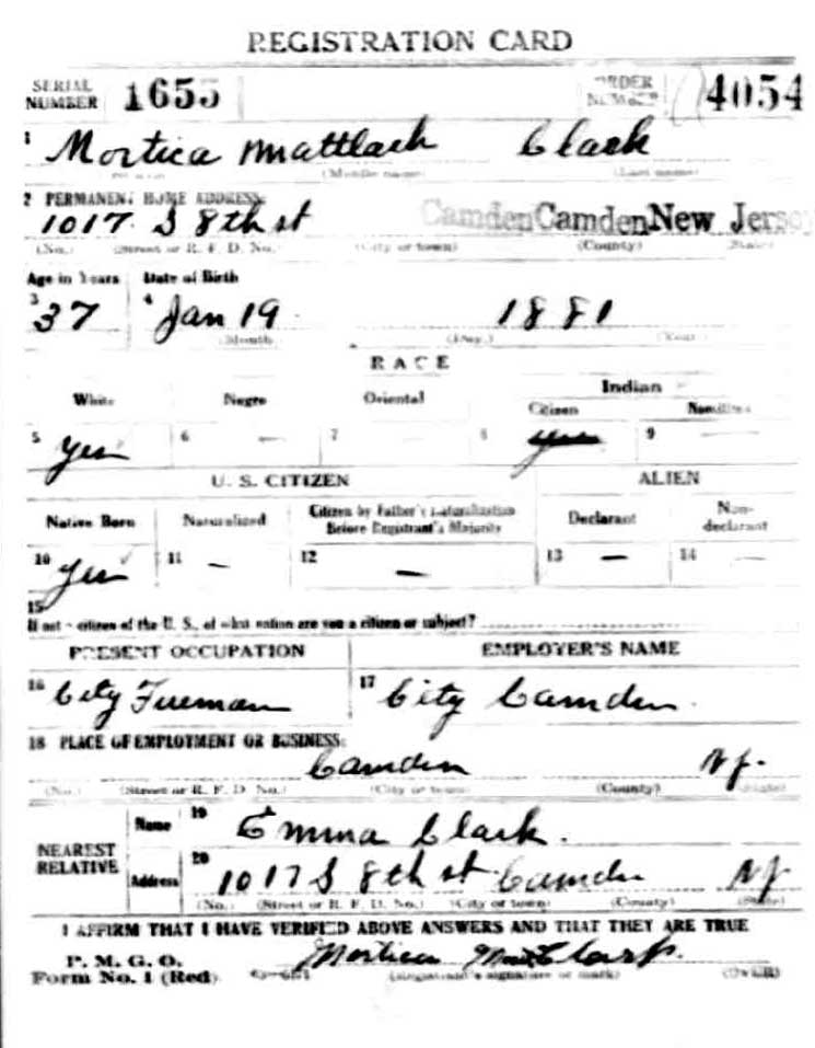 World War I draft registration card for Mortica Clark, front