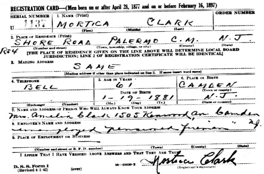 World War II draft registration card for Mortica Clark