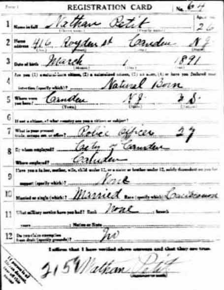 Nathan Petit World War I draft card, front