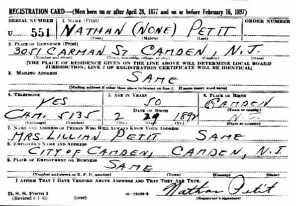 Nathan Petit World War II draft registration card