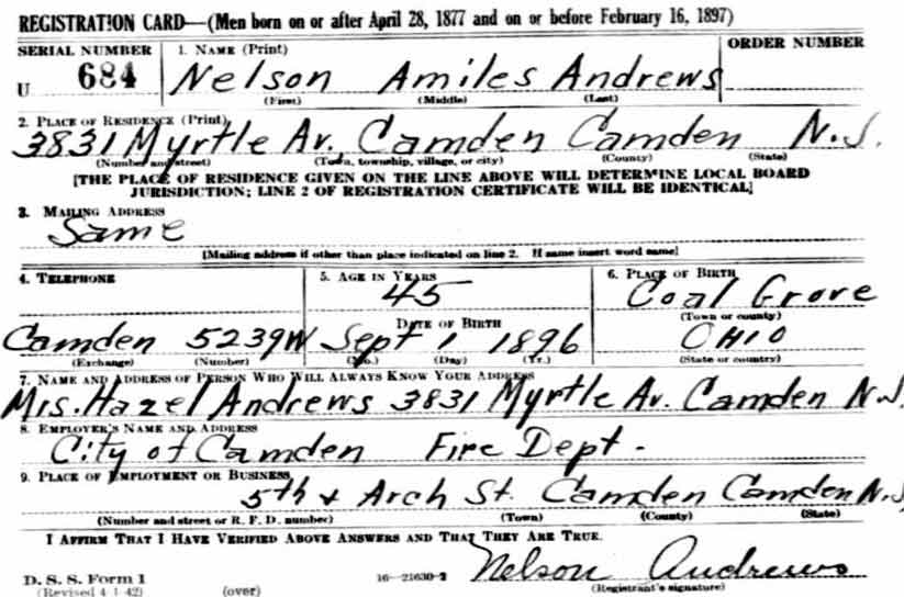 World War II draft card for Nelson A. Andrews
