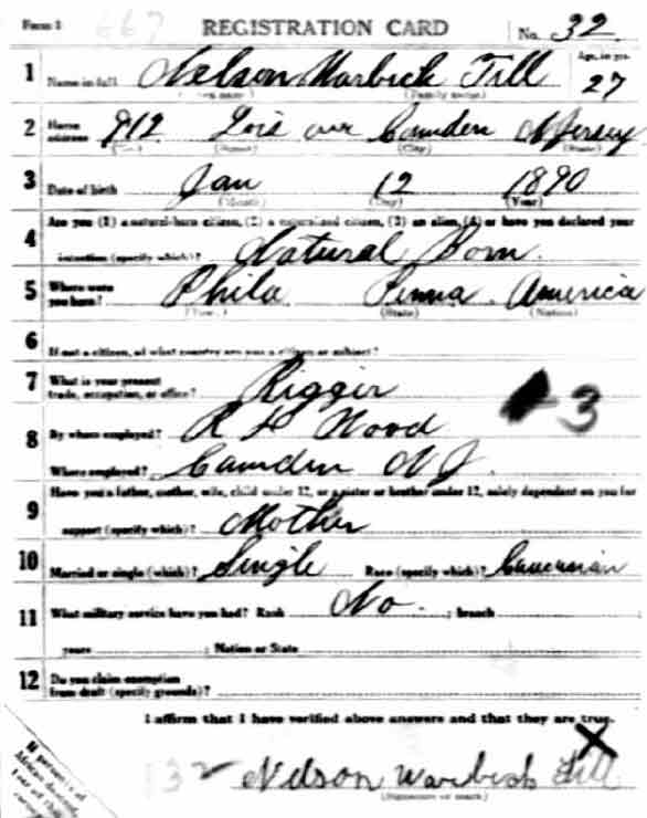 Nelson W. Till World War I draft registration card, front
