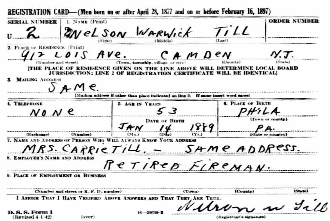 Nelson W. Till World War II draft registration card