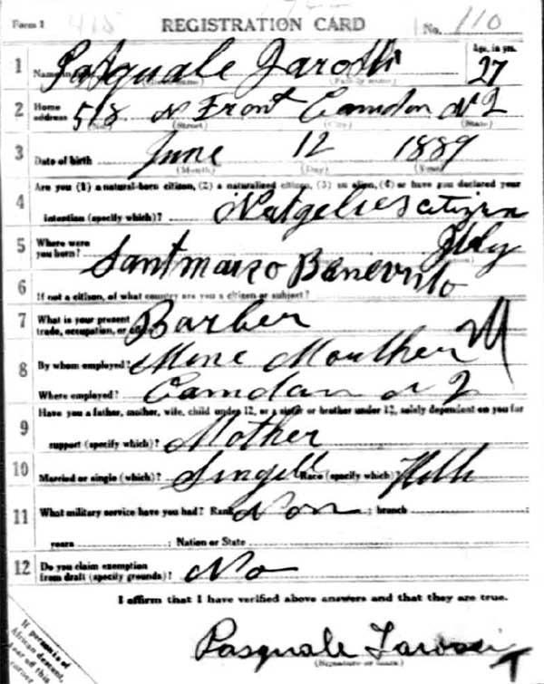 Pasquale Iarossi WWI Draft Registration Card, front