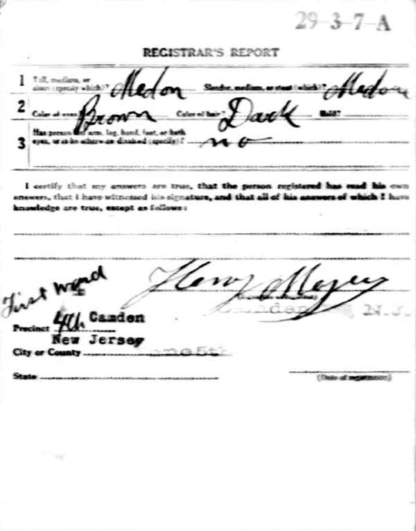 Pasquale Iarossi WWI Draft Registration Card, back
