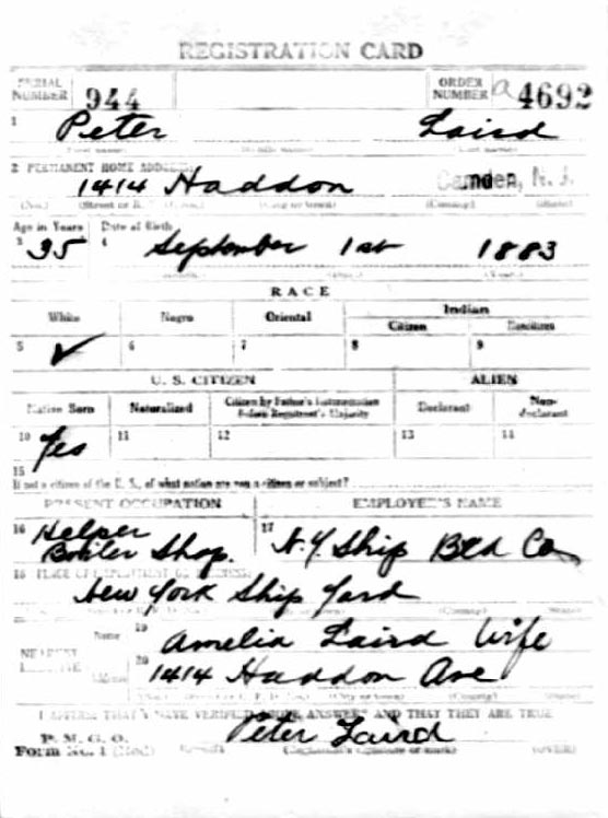 Peter Laird WWI Draft Registration Card, front