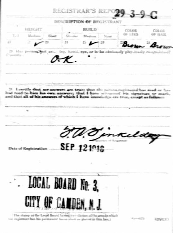Peter Laird WWI Draft Registration Card, back