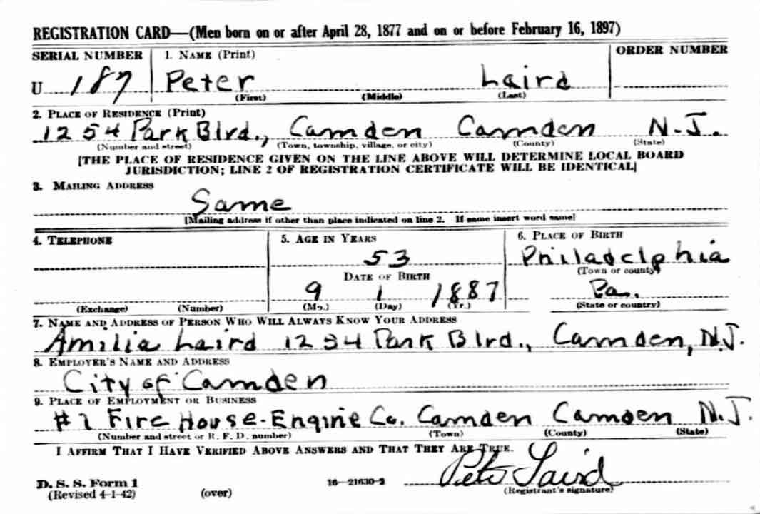 Peter Laird WWII Draft Registration Card